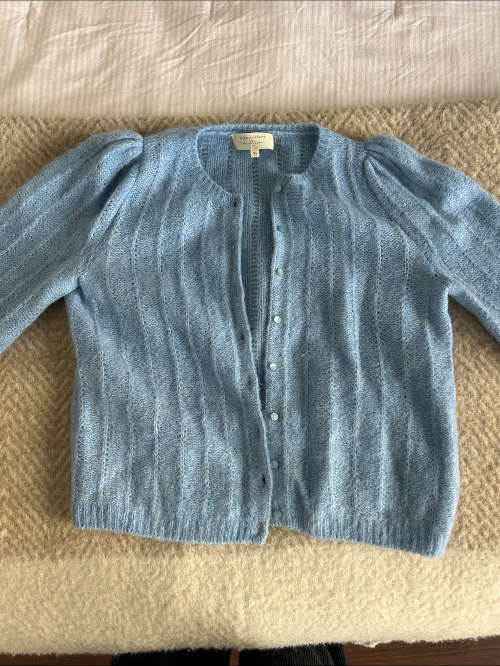 Sezane - Light Blue Puff-Sleeve Button Cardigan Sweater